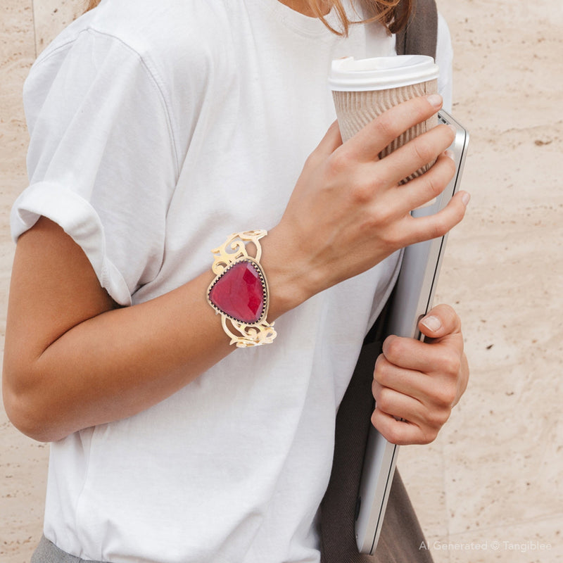 Red Bordeaux Quartz Golden Statement Cuff Bracelet - Barse Jewelry
