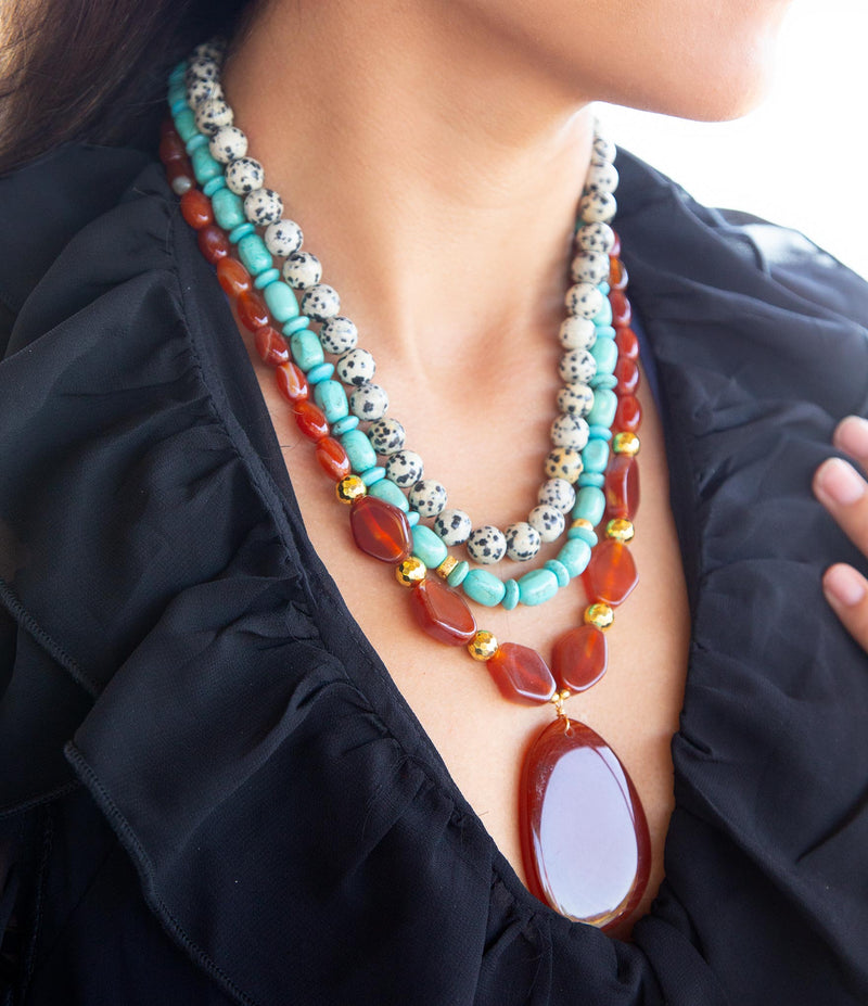 Red Carnelian Colorful Golden Pendant Necklace - Barse Jewelry