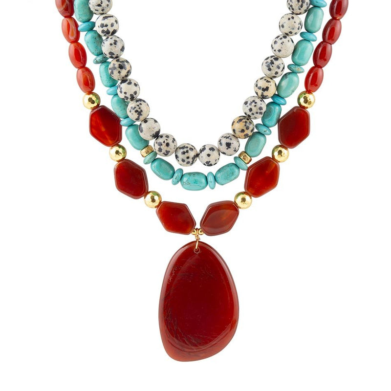 Red Carnelian Colorful Golden Pendant Necklace - Barse Jewelry