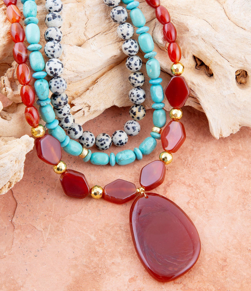 Red Carnelian Colorful Golden Pendant Necklace - Barse Jewelry