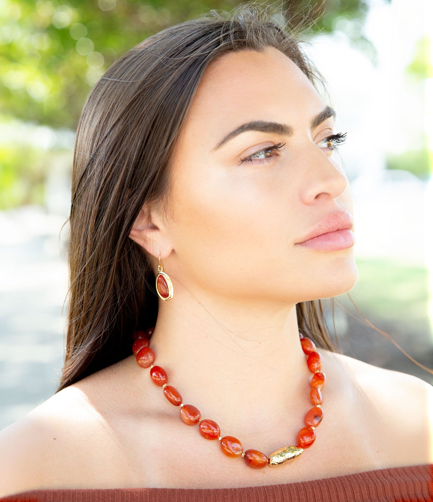 Red Carnelian Golden Statement Necklace - Barse Jewelry