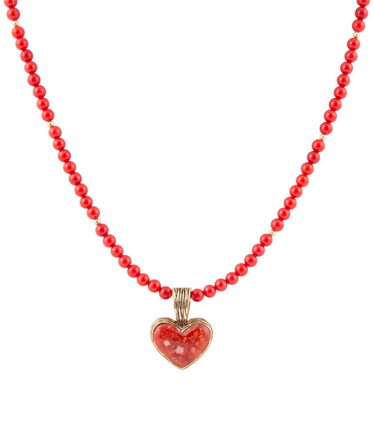 Red Coral Hart Pendant Golden Bronze Necklace
