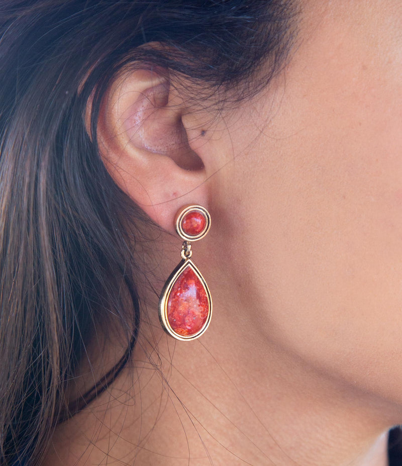 Red Sponge Coral Golden Drop Earrings - Barse Jewelry