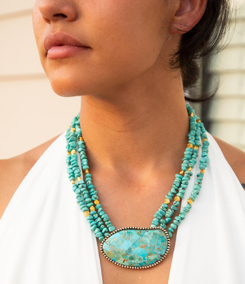 Refined Blue Turquoise Golden Statement Necklace - Barse Jewelry