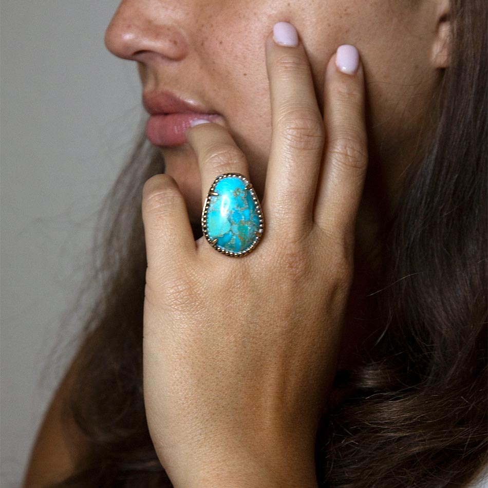 Refined Blue Turquoise Golden Statement Ring - Barse Jewelry