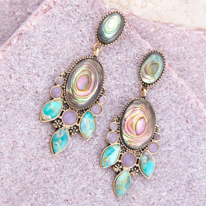 Regal Blue Abalone Mixed Stone Golden Statement Drop Earrings - Barse Jewelry