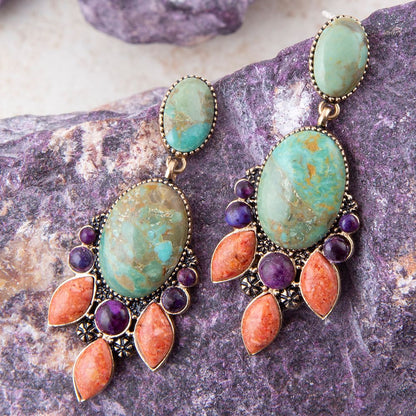 Regalia Blue Turquoise Purple and Orange Coral Goldden Post Drop Earrings - Barse Jewelry