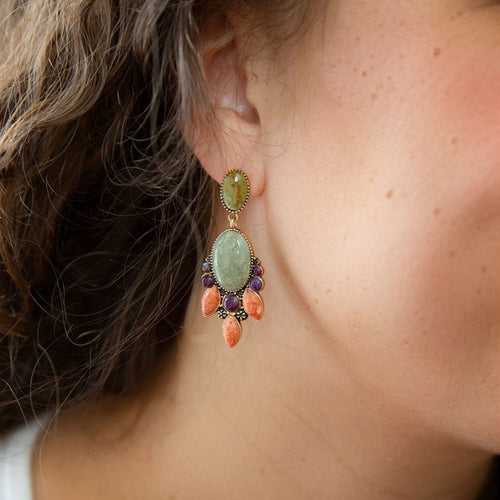 Regalia Blue Turquoise Purple and Orange Coral Goldden Post Drop Earrings - Barse Jewelry