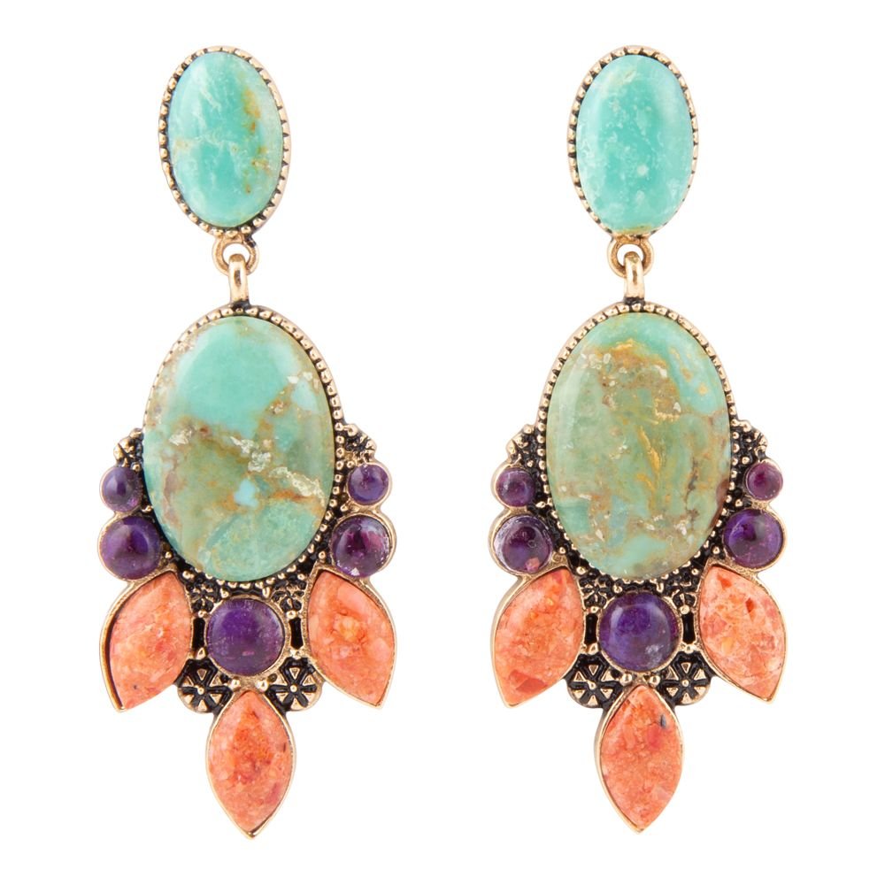 Regalia Blue Turquoise Purple and Orange Coral Goldden Post Drop Earrings - Barse Jewelry