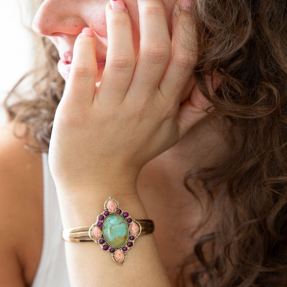Regalia Blue Turquoise Purple and Orange Coral Golden Cuff Bracelet - Barse Jewelry
