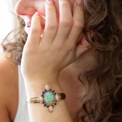 Regalia Blue Turquoise Purple and Orange Coral Golden Cuff Bracelet - Barse Jewelry