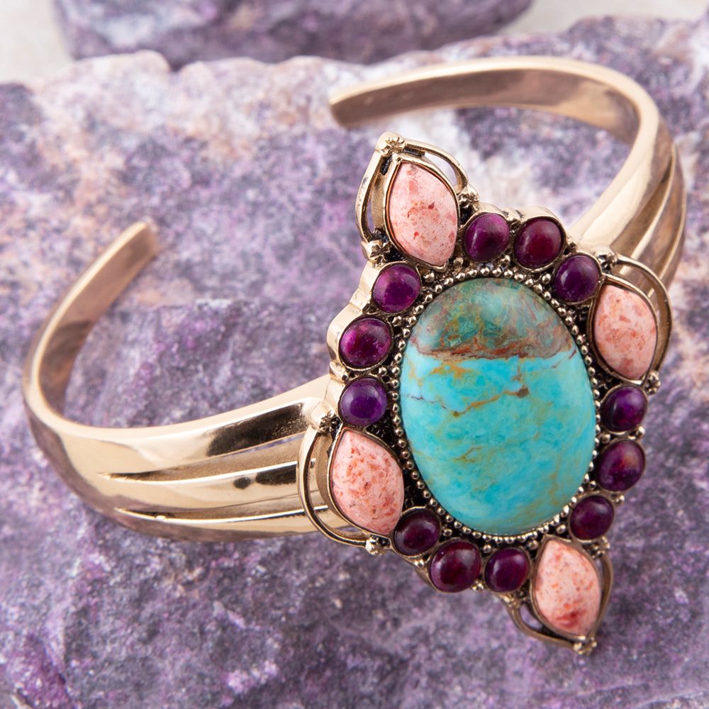 Regalia Blue Turquoise Purple and Orange Coral Golden Cuff Bracelet - Barse Jewelry