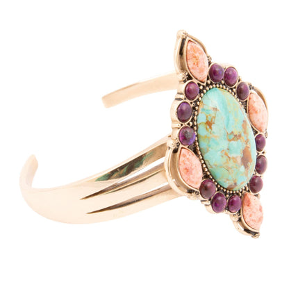 Regalia Blue Turquoise Purple and Orange Coral Golden Cuff Bracelet - Barse Jewelry
