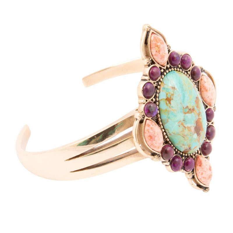 Regalia Blue Turquoise Purple and Orange Coral Golden Cuff Bracelet - Barse Jewelry