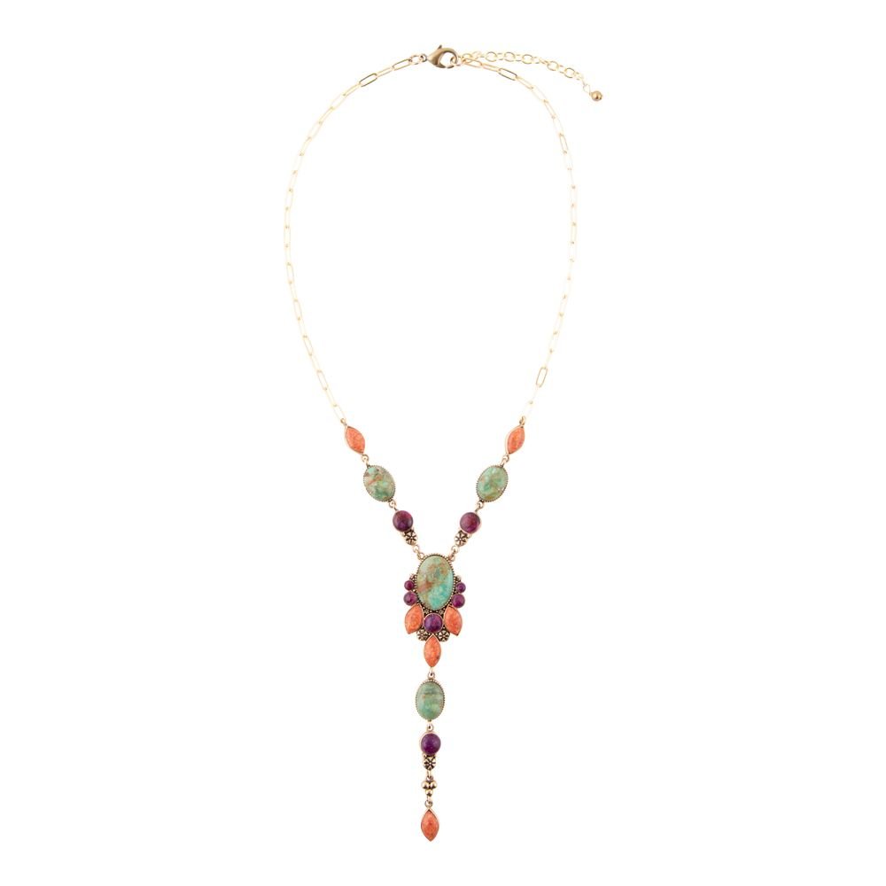 Regalia Blue Turquoise Purple and Orange Coral Golden Y Necklace - Barse Jewelry