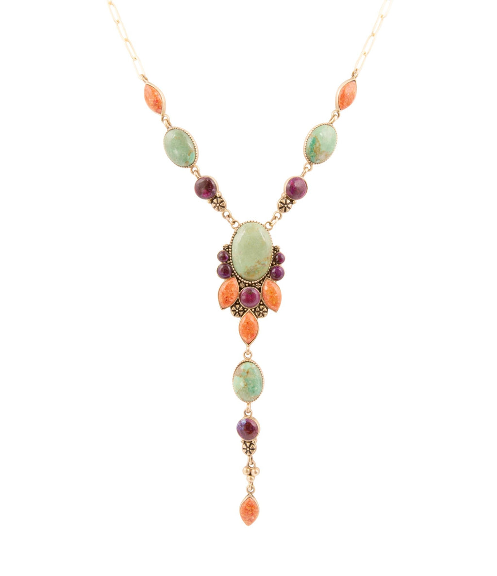 Regalia Blue Turquoise Purple and Orange Coral Golden Y Necklace - Barse Jewelry
