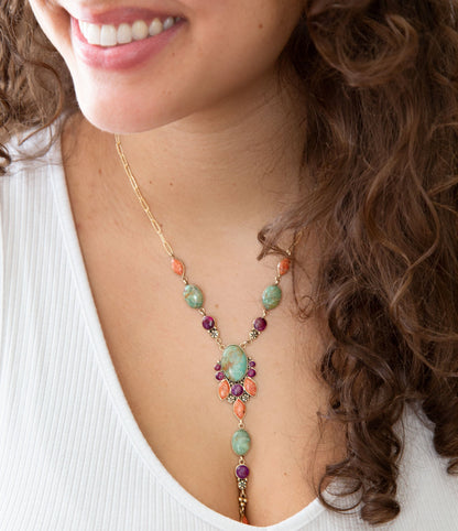 Regalia Blue Turquoise Purple and Orange Coral Golden Y Necklace - Barse Jewelry