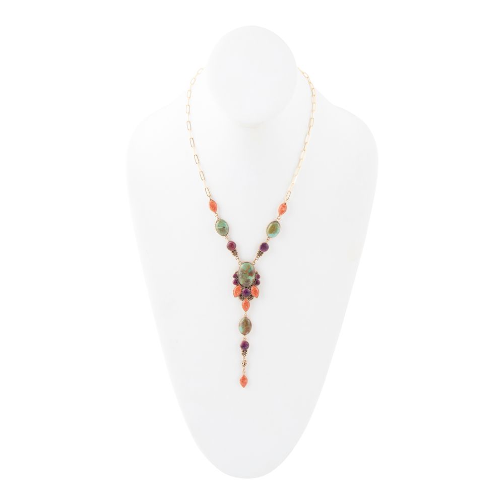 Regalia Blue Turquoise Purple and Orange Coral Golden Y Necklace - Barse Jewelry
