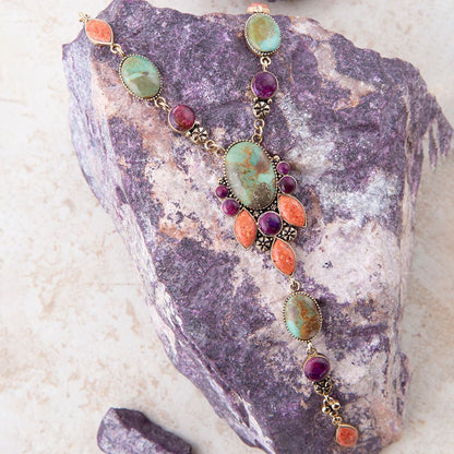Regalia Blue Turquoise Purple and Orange Coral Golden Y Necklace - Barse Jewelry