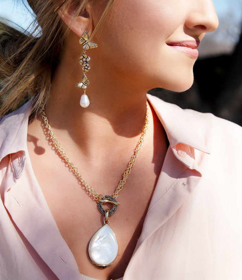 Rhodonite and White Pearl Golden Butterflies Post Drop Earrings - Barse Jewelry