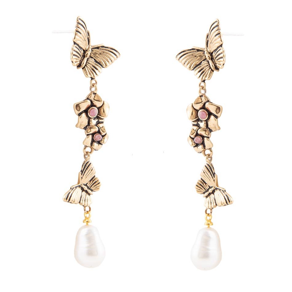 Rhodonite and White Pearl Golden Butterflies Post Drop Earrings - Barse Jewelry