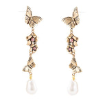 Rhodonite and White Pearl Golden Butterflies Post Drop Earrings - Barse Jewelry