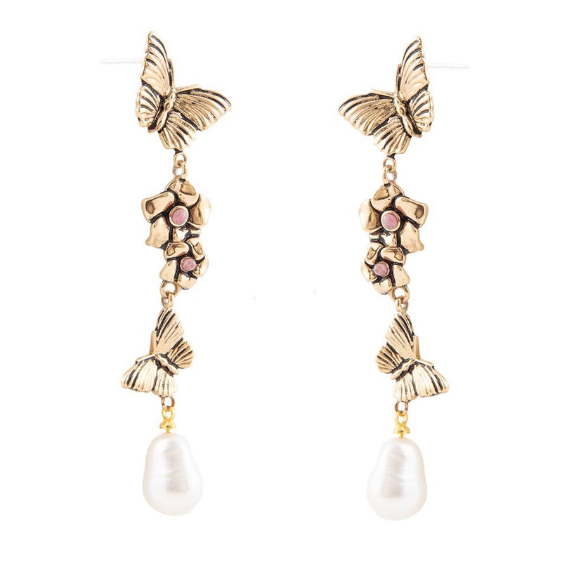 Rhodonite and White Pearl Golden Butterflies Post Drop Earrings - Barse Jewelry