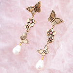 Rhodonite and White Pearl Golden Butterflies Post Drop Earrings - Barse Jewelry