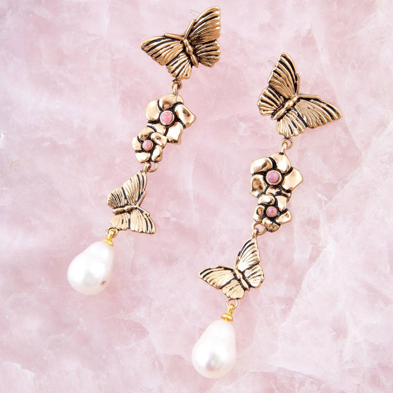 Rhodonite and White Pearl Golden Butterflies Post Drop Earrings - Barse Jewelry