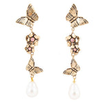 Rhodonite and White Pearl Golden Butterflies Post Drop Earrings - Barse Jewelry