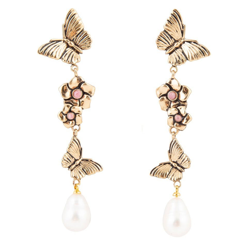 Rhodonite and White Pearl Golden Butterflies Post Drop Earrings - Barse Jewelry