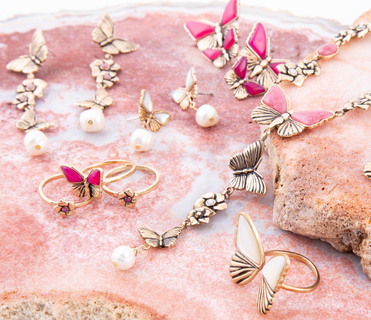 Rhodonite and White Pearl Golden Butterflies Post Drop Earrings - Barse Jewelry