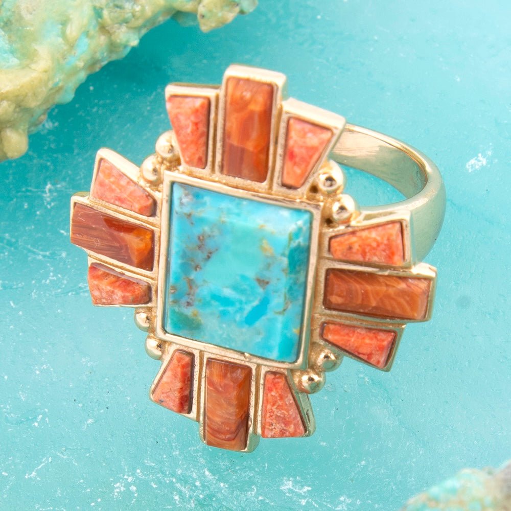 Santa Fe Blue Turquoise and Copper Opal Golden Statement Ring - Barse Jewelry