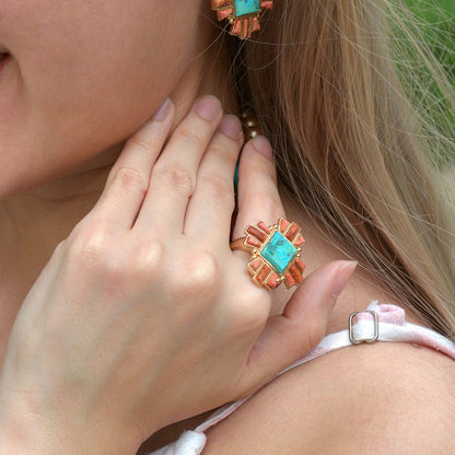 Santa Fe Blue Turquoise and Copper Opal Golden Statement Ring - Barse Jewelry