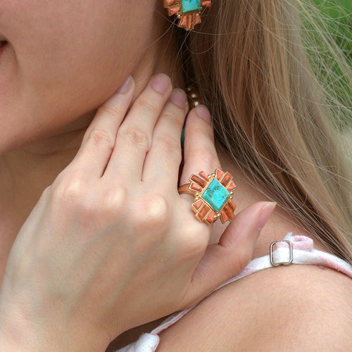 Santa Fe Blue Turquoise and Copper Opal Golden Statement Ring - Barse Jewelry