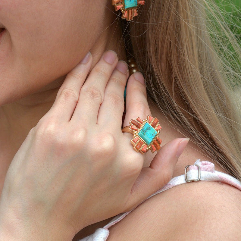 Santa Fe Blue Turquoise and Copper Opal Golden Statement Ring - Barse Jewelry