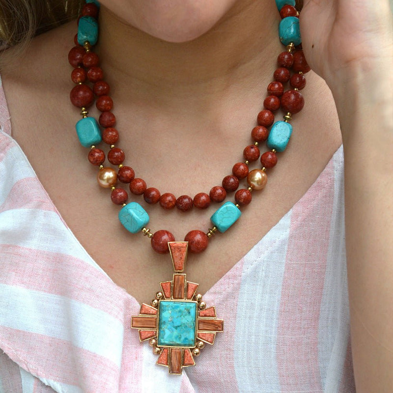 Santa Fe Blue Turquoise Golden Cross Pendant Necklace - Barse Jewelry