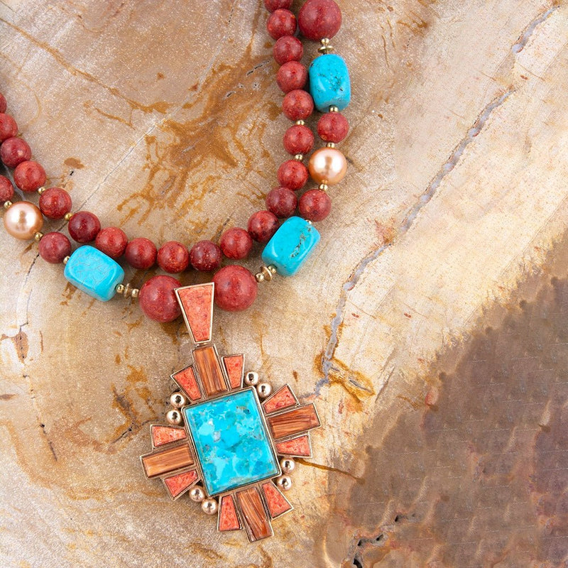 Santa Fe Blue Turquoise Golden Cross Pendant Necklace - Barse Jewelry
