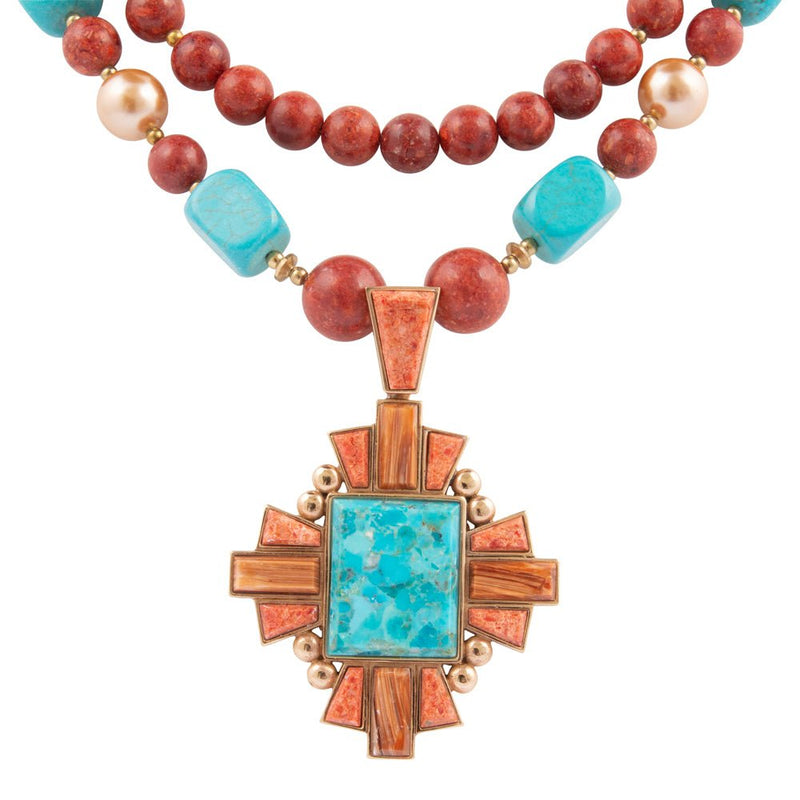 Santa Fe Blue Turquoise Golden Cross Pendant Necklace - Barse Jewelry