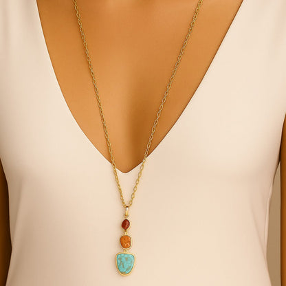 Santa Fe Blue Turquoise Golden Pendant Necklace - Barse Jewelry