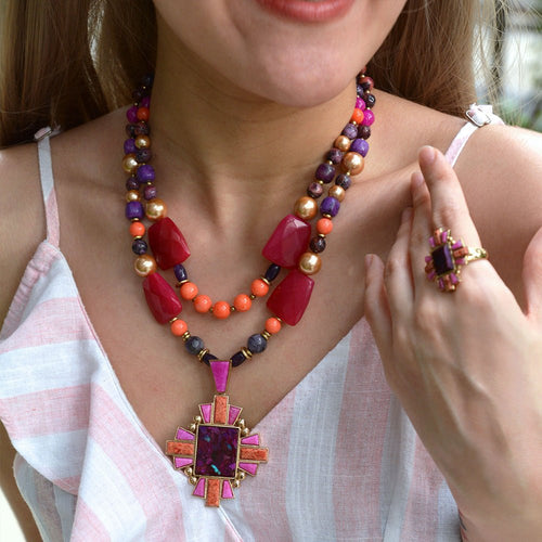 Santa Fe Purple Turquoise Golden Cross Pendant Necklace - Barse Jewelry