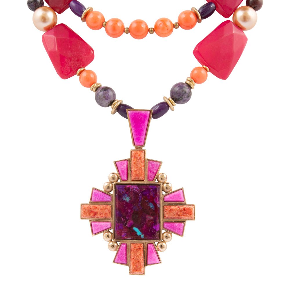 Santa Fe Purple Turquoise Golden Cross Pendant Necklace - Barse Jewelry