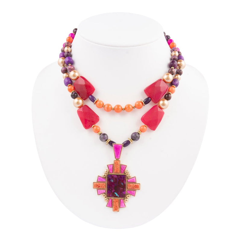 Santa Fe Purple Turquoise Golden Cross Pendant Necklace - Barse Jewelry