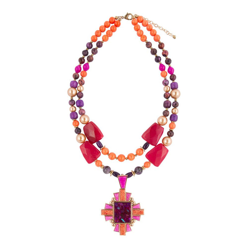 Santa Fe Purple Turquoise Golden Cross Pendant Necklace - Barse Jewelry