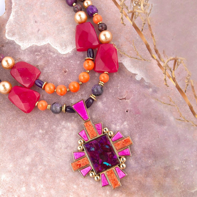 Santa Fe Purple Turquoise Golden Cross Pendant Necklace - Barse Jewelry