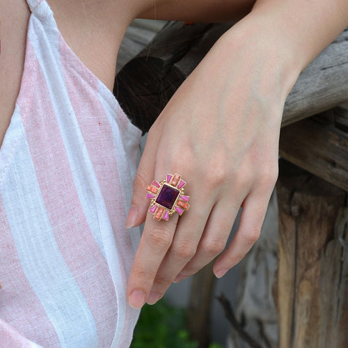 Santa Fe Purple Turquoise Golden Statement Ring - Barse Jewelry