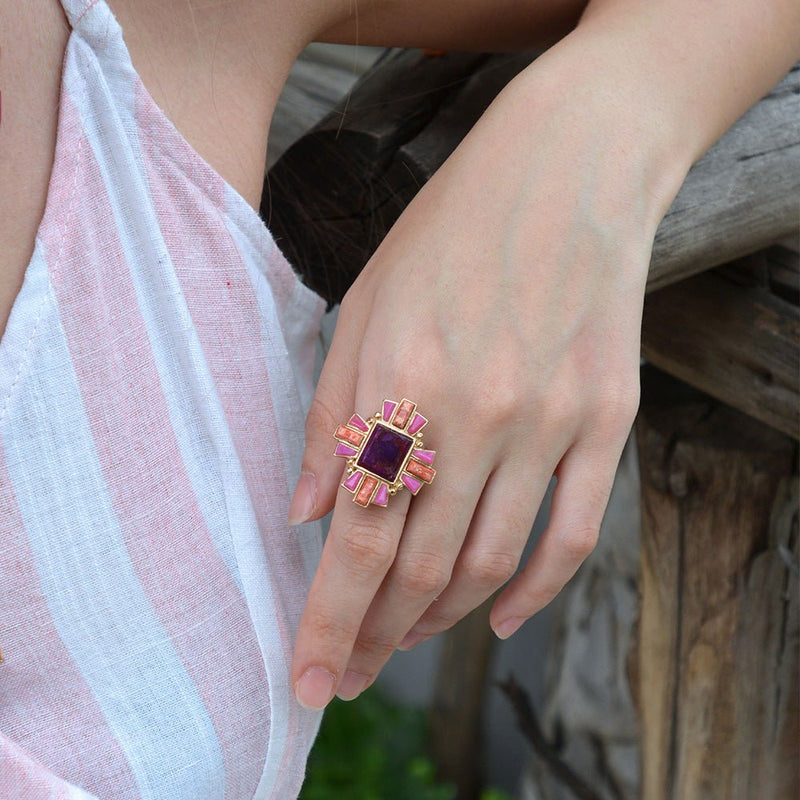Santa Fe Purple Turquoise Golden Statement Ring - Barse Jewelry