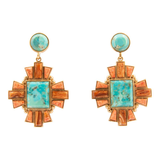 Santa Fe Turquoise and Copper Opal Post Golden Drop Earrings