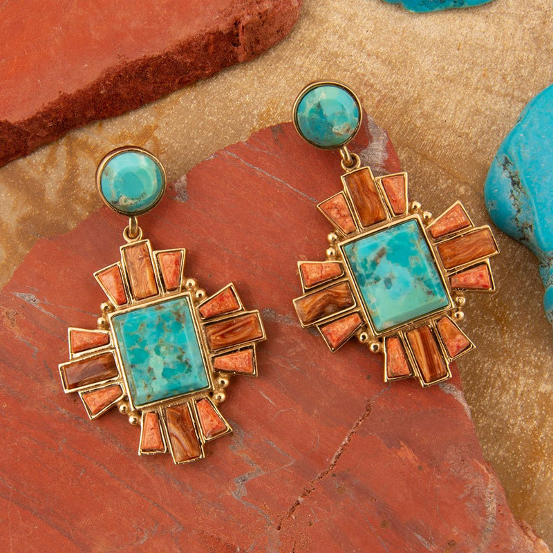 Santa Fe Turquoise and Copper Opal Post Golden Drop Earrings - Barse Jewelry