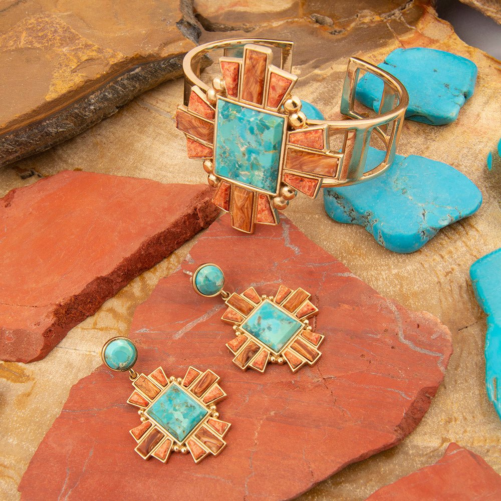 Santa Fe Turquoise and Copper Opal Post Golden Drop Earrings - Barse Jewelry